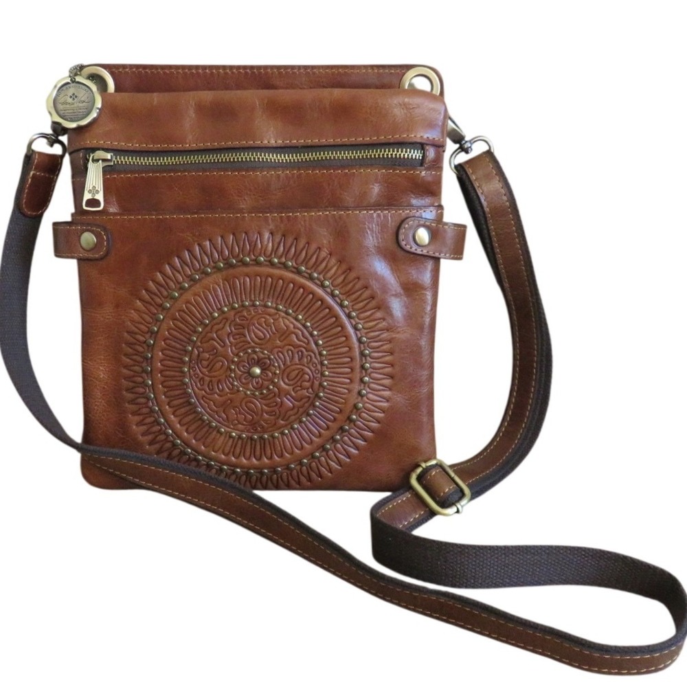 New Patricia Nash Francesca Cognac Leather Embossed Medallion Crossbody Bag